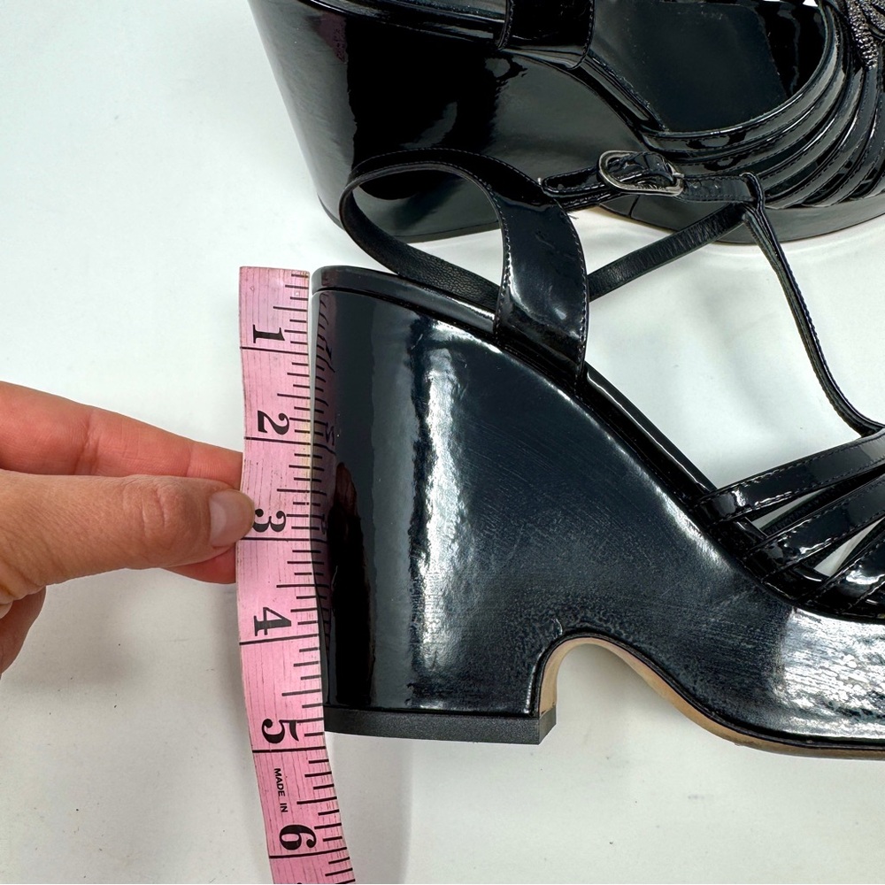 Chanel Black Patent Leather T-Strap CC Logo Wedge Platform Sandals - Picture 12 of 15